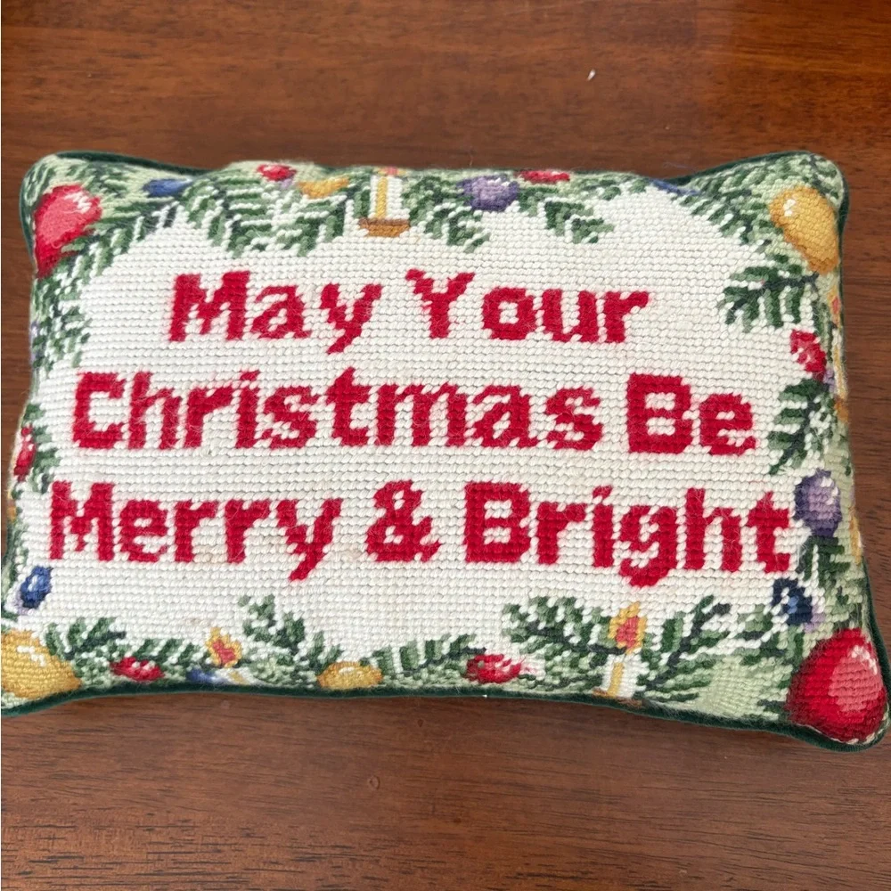 Set of 2 Vintage Needlepoint Festive Snowman and Holiday Message Pillow Set